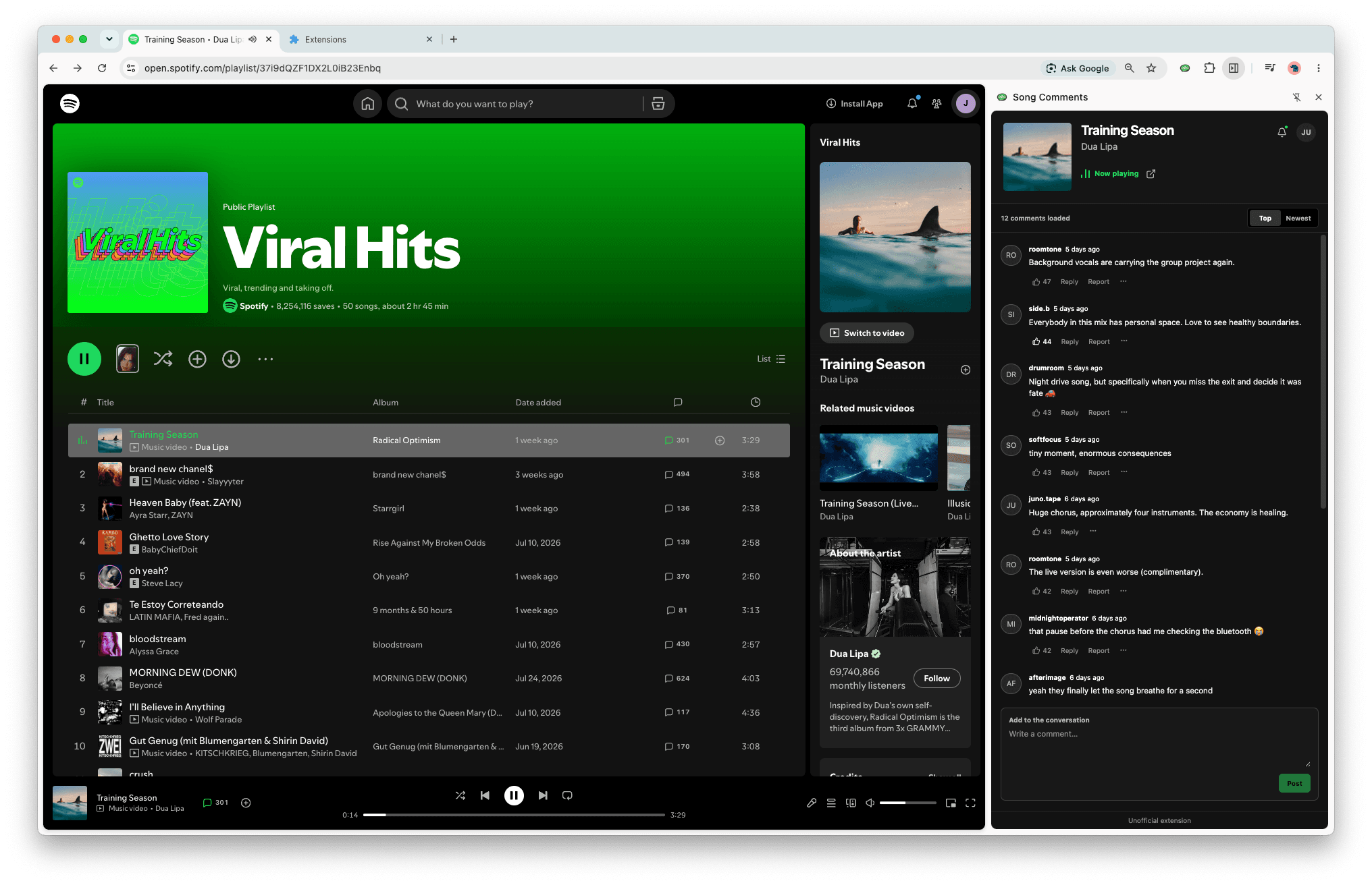 Song Comments open beside a Spotify playlist, showing a discussion for Training Season by Dua Lipa