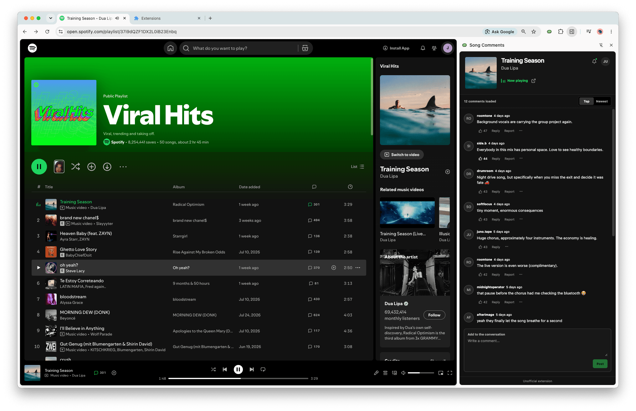 Song Comments open beside a Spotify playlist, showing a discussion for Training Season by Dua Lipa